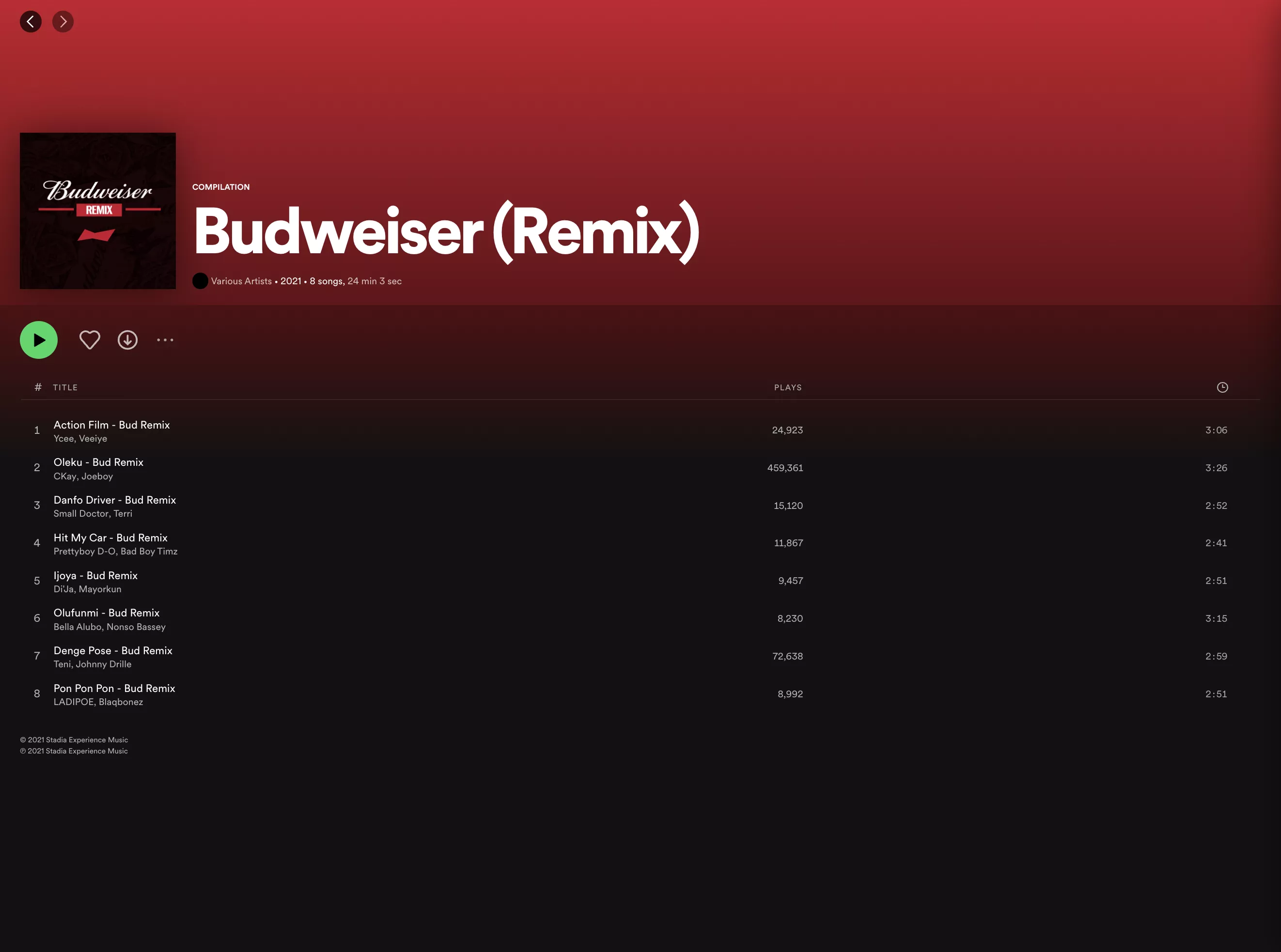 Image showing the Budweiser Remix playlist on Spotify